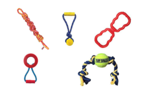 An assortment of colorful tug toys on display, featuring rope style toys with knots, tennis ball tug toys, and tug toys with handles. Explore the variety of options and find the perfect tug toy to play and bond with your pup!