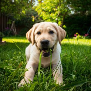 A light-colored puppy lies in the grass in a garden, holding a blade of grass in its mouth and looking at the camera. The background features trees and plants, making one wonder, why do puppies eat grass?